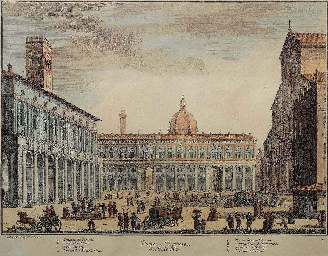 İtalya, Bologna, Piazza Maggiore veya Piazza Grande, Pio Panfili tarafından, gravür by Pio Panfili