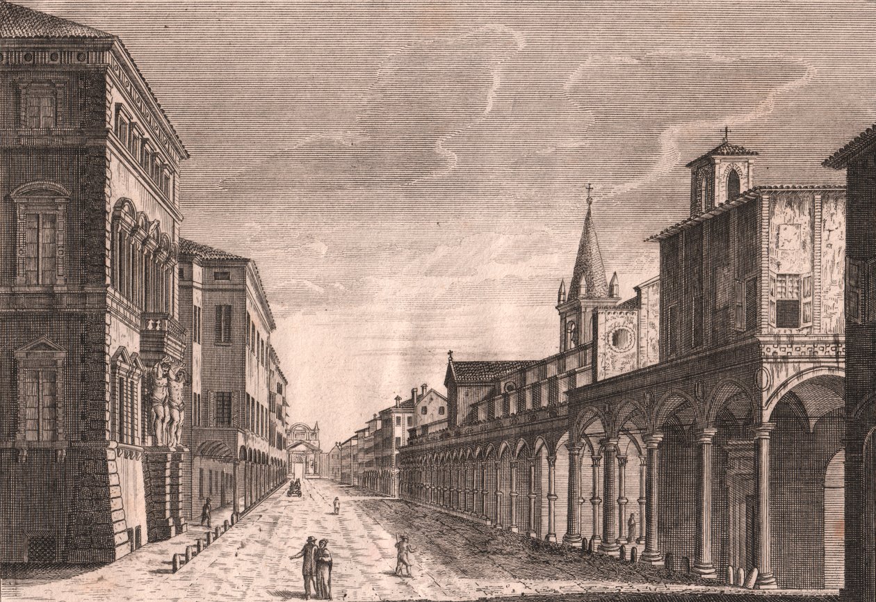 Bologna'daki Strada Maggiore'nin görünümü, Emilia-Romagna, İtalya, Pio Panfili'nin (1723-1812) bir çiziminden sonra C Lambertini'nin bakır gravürü, yaklaşık 13,5x19 cm by Pio Panfili