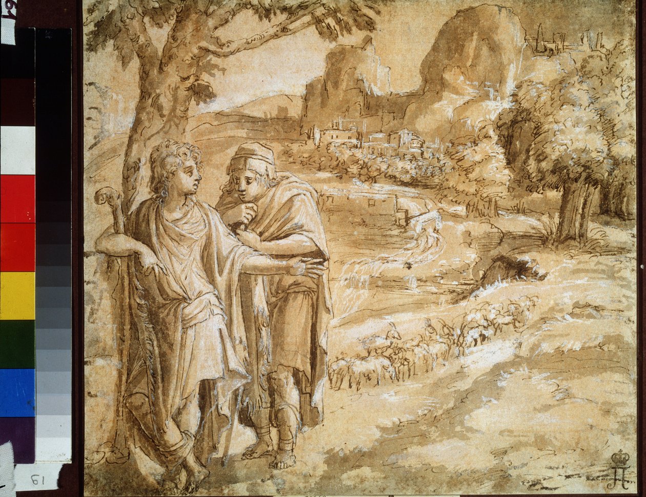 "Bir Peyzajda Çoban Ve Hacı" (Bir Peyzajda Çoban Ve Hacı) Pirro Ligorio (1510-1583) Suluboya ve Mürekkep 1550 Dolaylarında Puşkin Müzesi, Moskova by Pirro Ligorio
