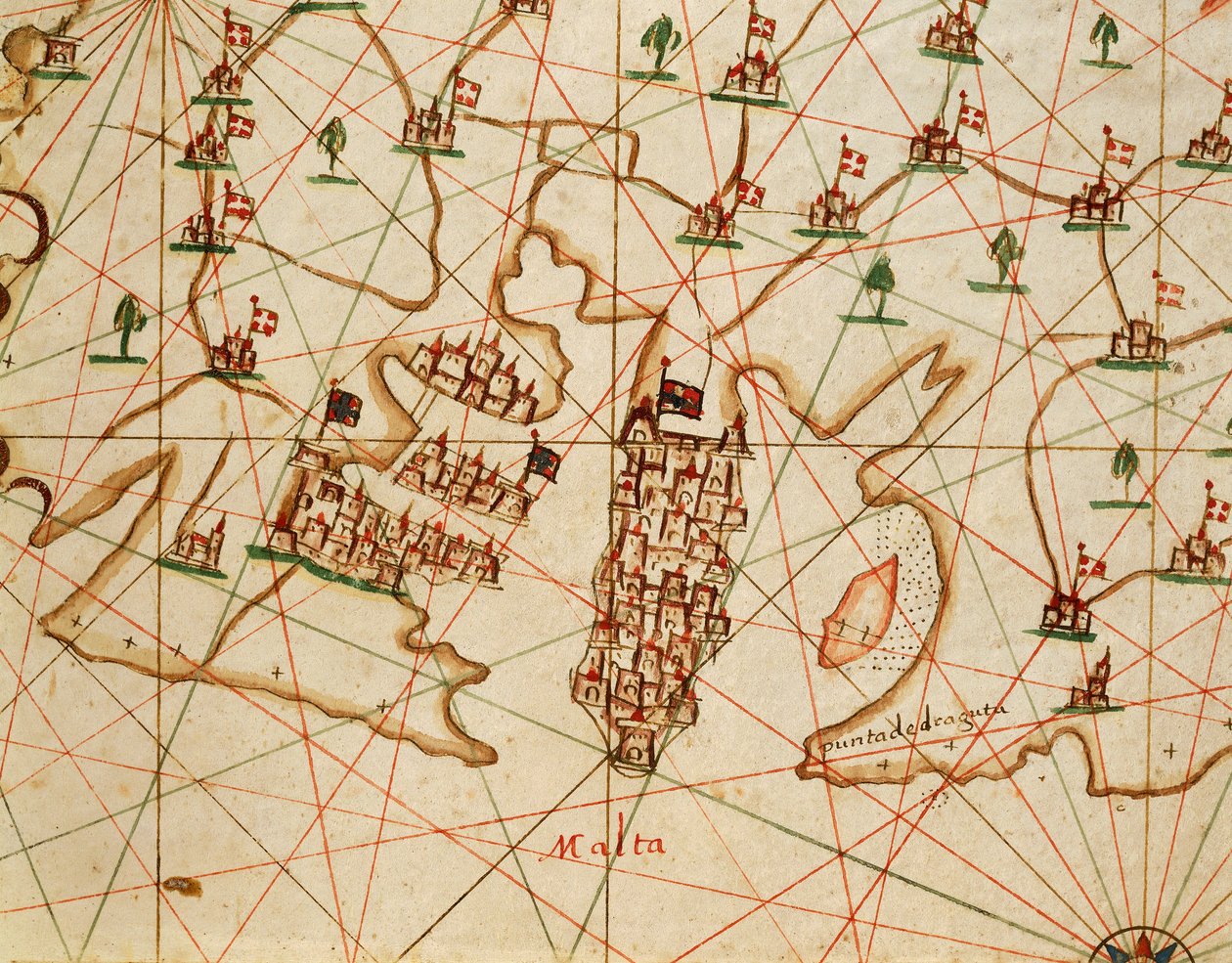 Malta Adası, Placido Caloiro ve Francesco Oliva tarafından yazılan altı haritadan oluşan portolan atlasından, Parchment. 1646. by Placido Caloiro e Oliva