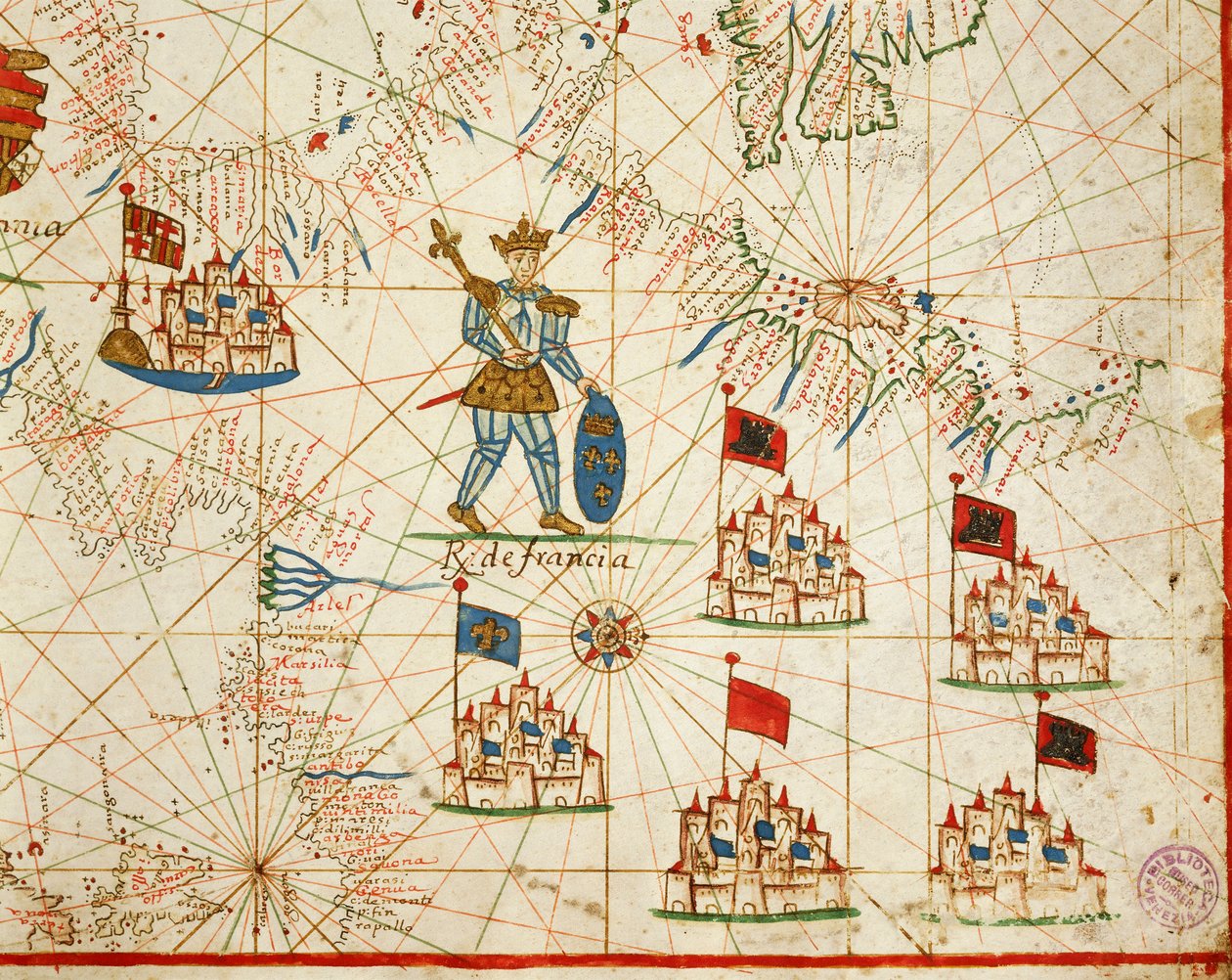 Fransa Krallığı, Placido Caloiro ve Francesco Oliva tarafından yazılan altı haritadan oluşan portolan atlasından, Parchment. 1646. by Placido Caloiro e Oliva