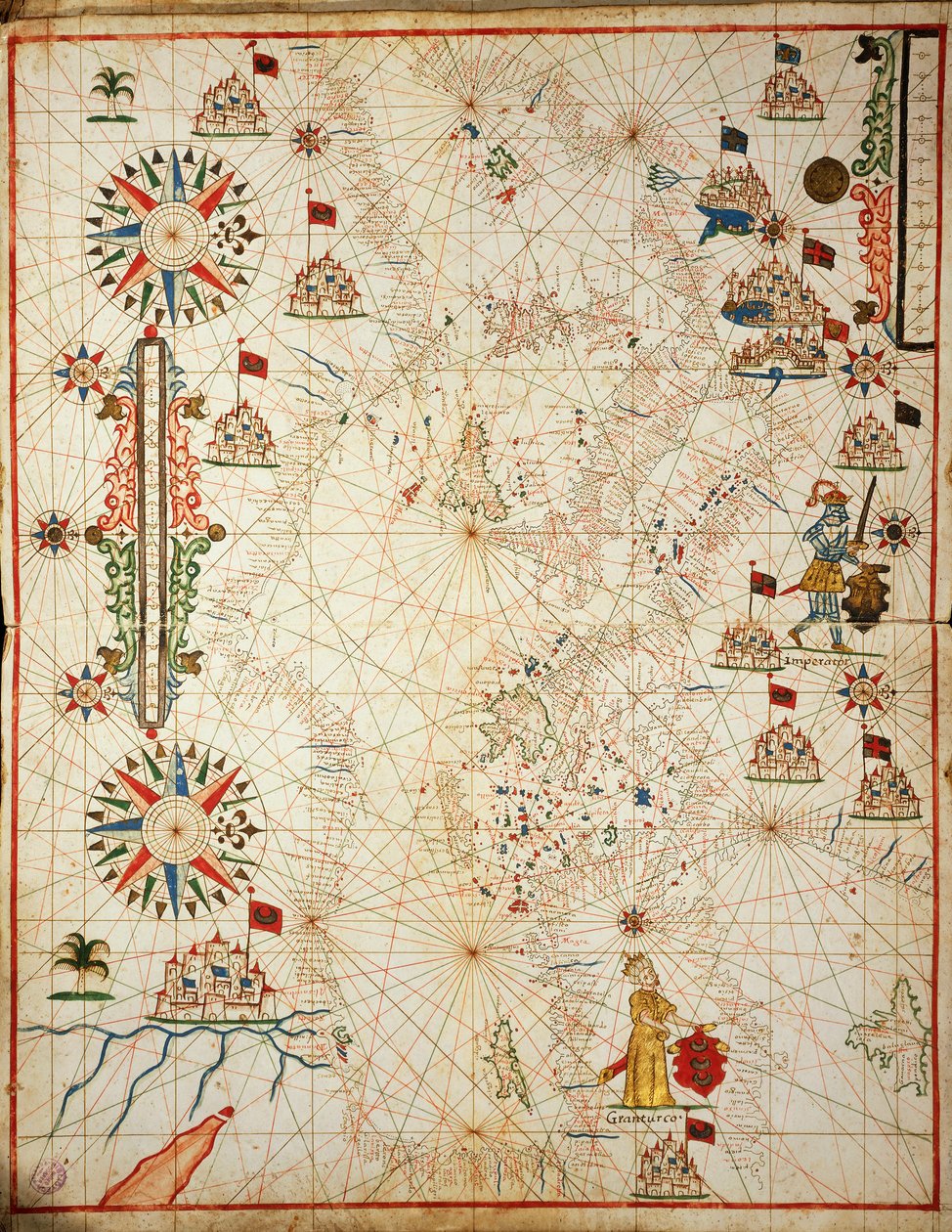 Akdeniz, Placido Caloiro ve Francesco Oliva'nın yazdığı altı harita portolan atlasından, Parchment. 1646. by Placido Caloiro e Oliva