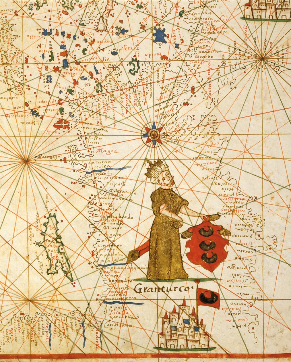 Osmanlı imparatorluğu, Placido Caloiro ve Francesco Oliva'nın altı haritadan oluşan portolan atlasından, Parchment. 1646. by Placido Caloiro e Oliva