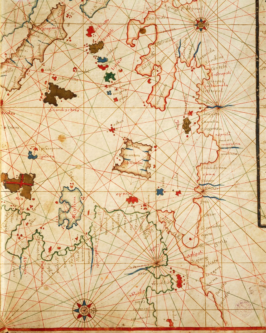 Peloponnese, Placido Caloiro ve Francesco Oliva tarafından yazılan altı çizelgeden oluşan portolan atlasından, Parchment. 1646. by Placido Caloiro e Oliva