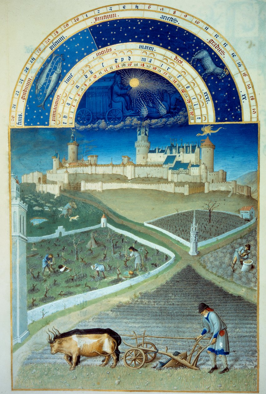 Mart ayı: çiftçilik Ön planda, tarım işi, tarla süren köylüler, asmaların büyüklüğü, altta Lüzinyan kalesi - Minyatür “” Les tres riches heures du Duke de Berry”, Pol De Limburg (15. Yüzyıl) - C by Pol de Limbourg