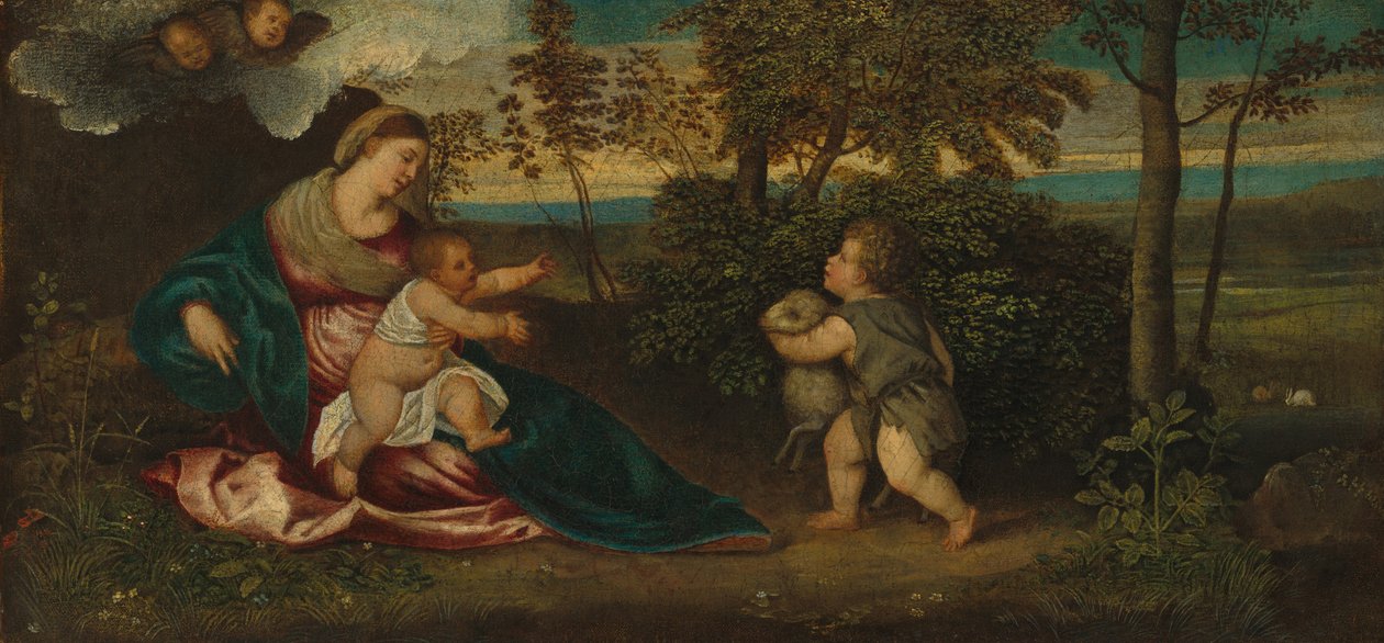 Bir Manzarada Madonna ve Çocuk ve Bebek Aziz John by Polidoro Lanzani