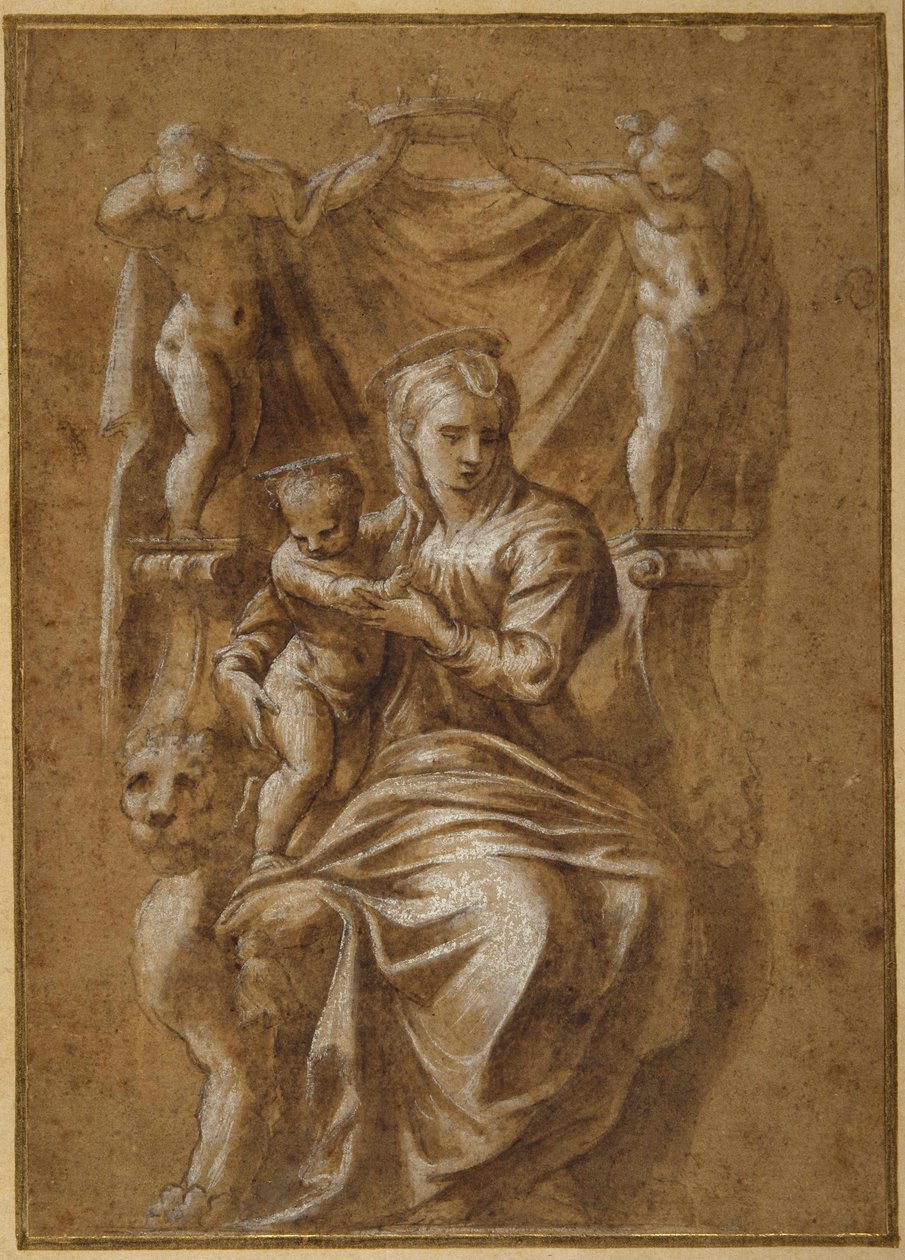 Madonna ve Çocuk tahta çıktı (kağıt üzerinde gövde rengi ile kalem ve kahverengi mürekkep) by Polidoro da (follower of) Caravaggio