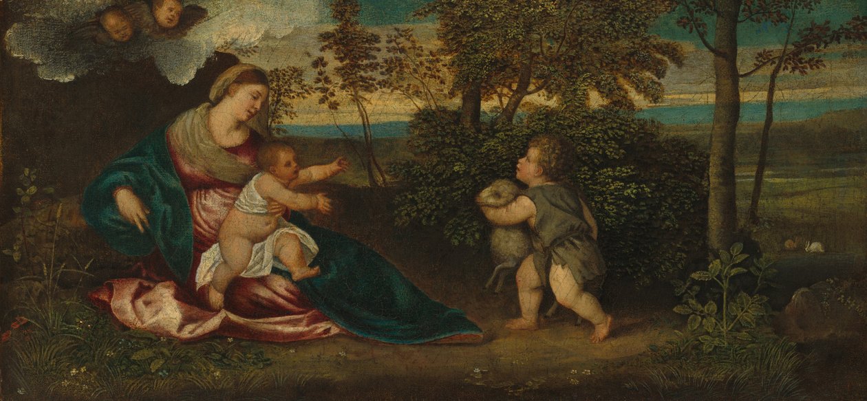 Bir Manzarada Madonna ve Çocuk ve Bebek Aziz John, 15401550. by Polidoro da Lanciano