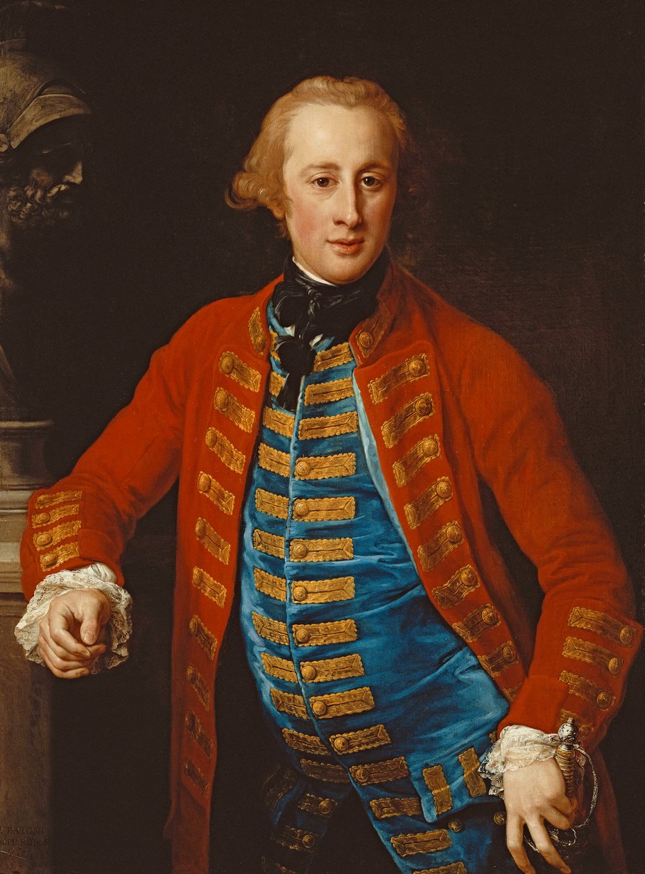 Üç Çeyrek Uzunlukta Yürüyen Elbiseli Bir Süvari Subayı Portresi, Bir Mars Büstünün Yanındaki Kaideye Yaslanmış, 1774 by Pompeo Girolamo Batoni