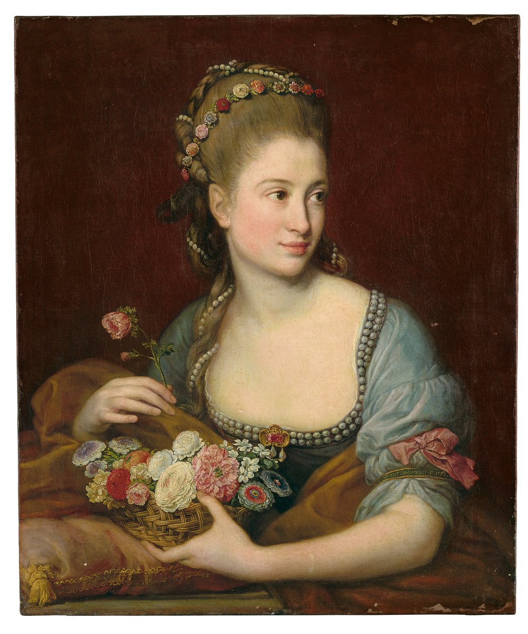 Flora olarak bir bayanın portresi, yarım uzunlukta, elinde hasır bir çiçek sepeti var. by Pompeo Girolamo Batoni