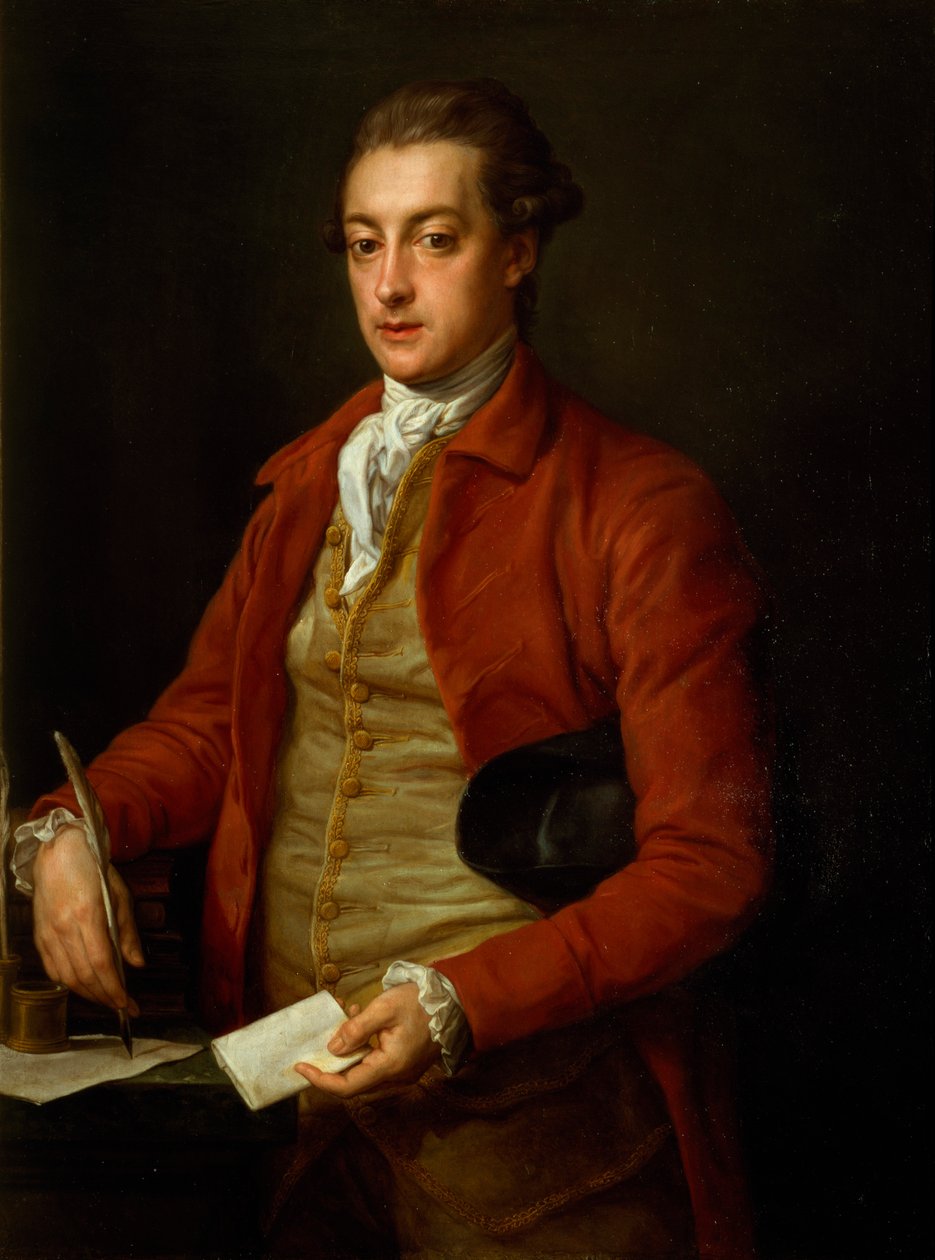 Hon portresi. Lionel Damer, Kırmızı Ceketli, Gri Yelekli ve Beyaz Kravatlı, Yarım Boy, Elinde Kağıt ve Tüy Kalem (tuval üzerine yağlı boya) by Pompeo Girolamo Batoni