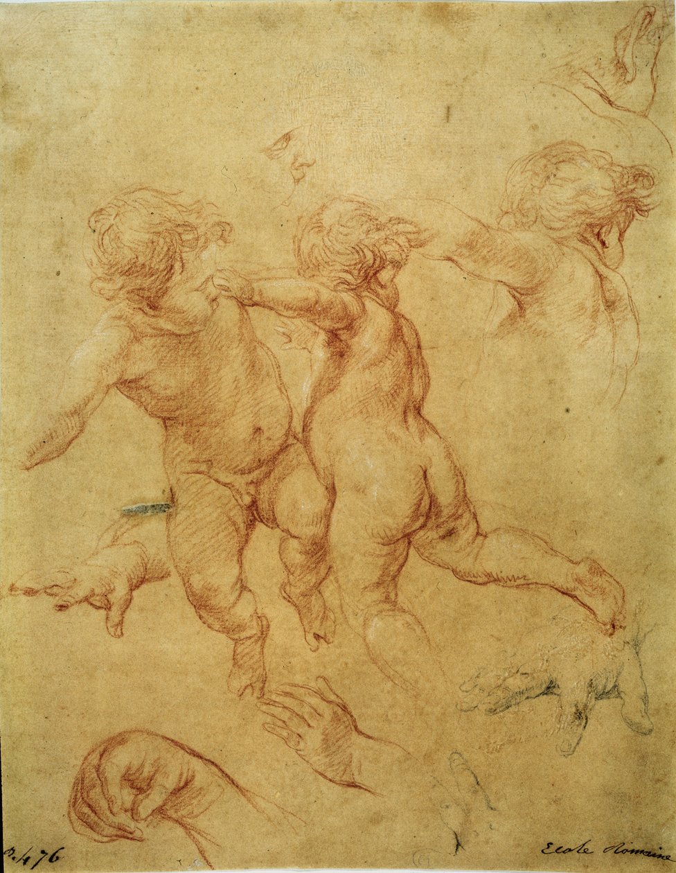 İki Putti İçin Çalışma (İki Uçan Putti. Çalışma), c.1740 (sanguine) by Pompeo Girolamo Batoni