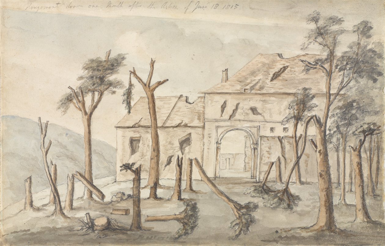 Hougoumont, 18 Haziran 1815, Temmuz 1815 Eyleminden bir ay sonra çizildi (kağıt üzerinde kalem ve tuvalet) by Ponsonby
