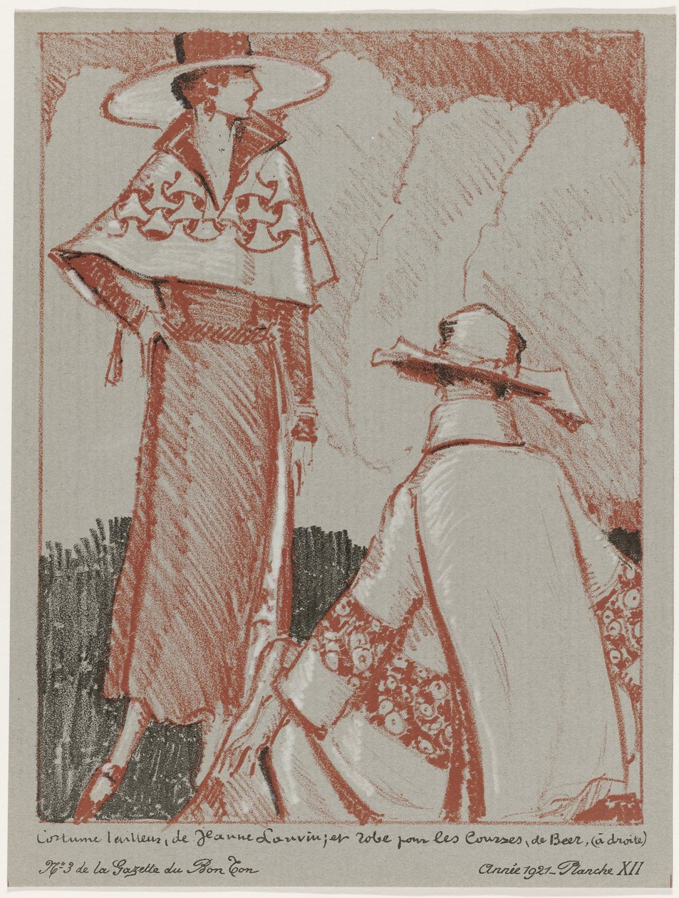Gazette du Bon Ton, 1921 - No. 3, Pl. XII: Jeanne Lanvin tarafından özel dikim takım; ve alışveriş için elbise, de Beer (nesne üzerindeki başlık) by Porter Woodruff