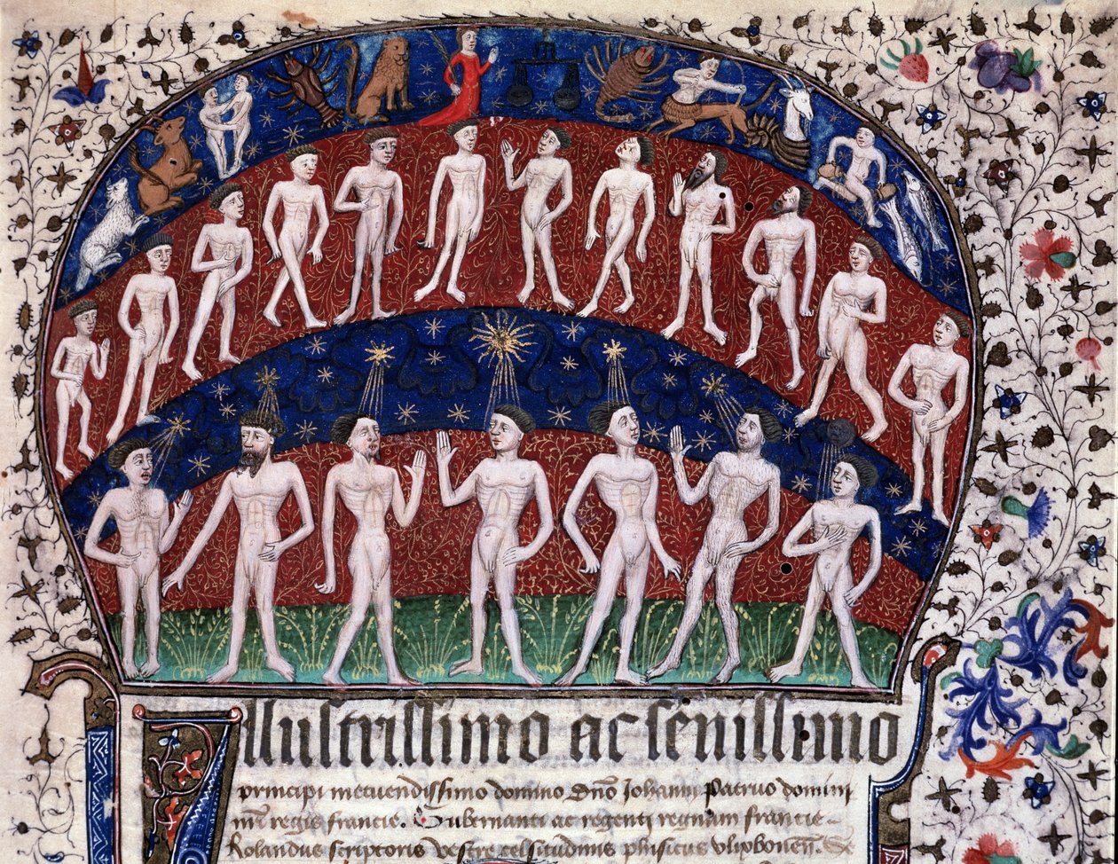 Lizbon, MS 52-XIII-18 f.1r, organlar ve gezegenler arasındaki yazışmaları ve yıldızların ruh halleri üzerindeki etkisini temsil eden minyatür, "Physionomia Rolandi Ulixbonensis", Rolandus Scriptoris by Portuguese School