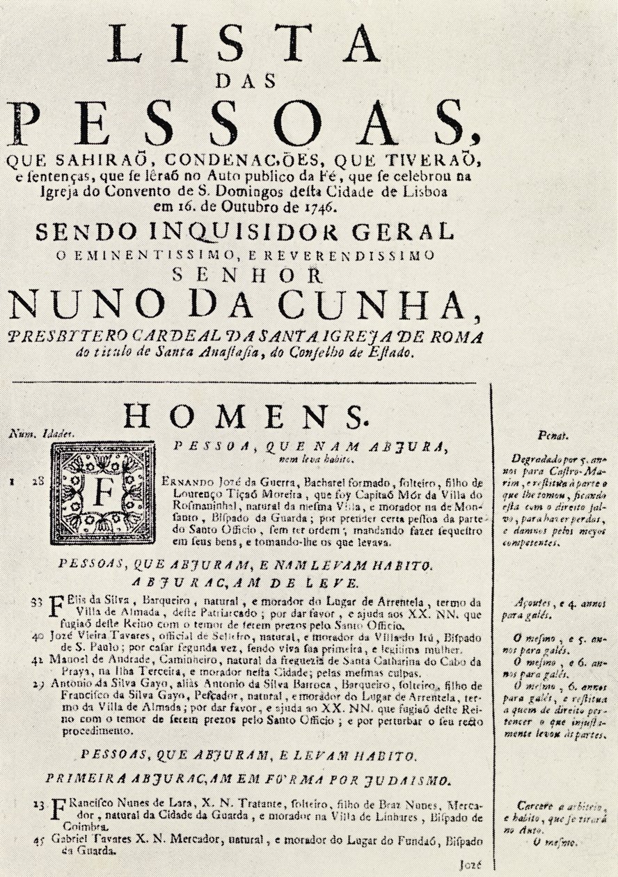 Programme for an Auto da Fe in Lisbon, 1746, from 