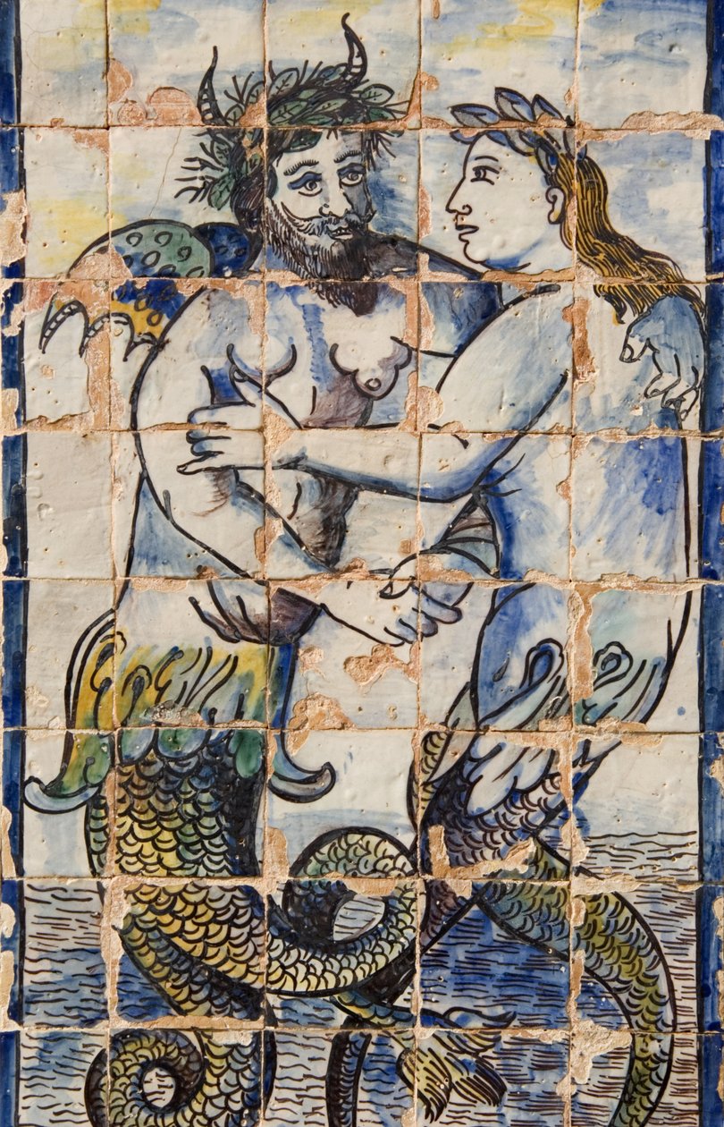 Saray bahçelerinde deniz canlılarını betimleyen Azulejos çinileri (seramik) by Portuguese School