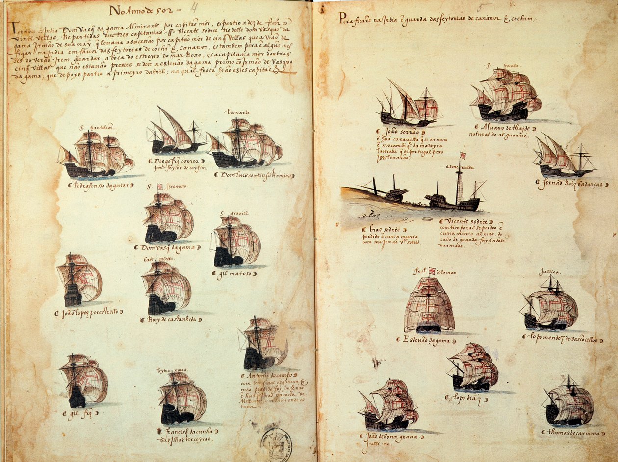El yazması sayfası “” Portekiz donanmalarını temsil eden Kral I. Manuel (1469-1521) yönetimindeki Portekiz donanmasının anıtları””. 1533 M.Ö. Paris by Portuguese School