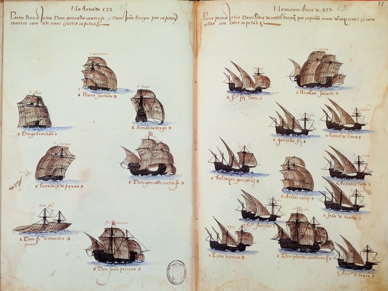 El yazması sayfası “” Portekiz donanmalarını temsil eden Kral I. Manuel (1469-1521) yönetimindeki Portekiz donanmasının anıtları”” by Portuguese School
