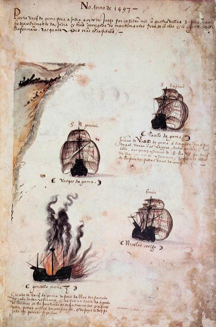 El yazması sayfası “” Kral I. Manuel (1469-1521) yönetimindeki Portekiz donanmasının anıtları””, 1497 yılının Portekiz filolarını temsil ediyor. 1523 B.N. Paris by Portuguese School