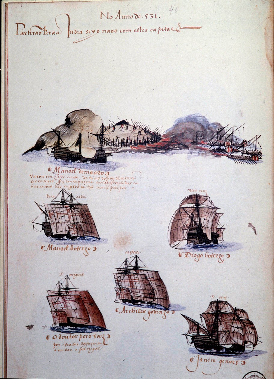 El yazması sayfası “” Kral I. Manuel (1469-1521) yönetimindeki Portekiz donanmalarının anıları”, 1497 yılı Portekiz filolarını temsil ediyor. 1500 Lizbon, Ulusal Antik Sanat Müzesi by Portuguese School