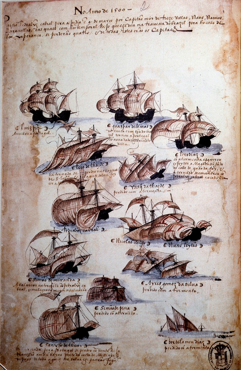 El yazması sayfası “” Kral I. Manuel (1469-1521) yönetimindeki Portekiz donanmalarının anıları”, 1497 yılı Portekiz filolarını temsil ediyor. 1500 Lizbon, Ulusal Antik Sanat Müzesi by Portuguese School