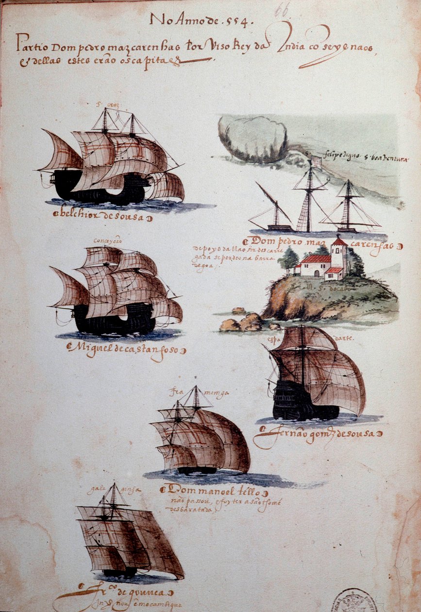 El yazması sayfası “” Kral I. Manuel (1469-1521) yönetimindeki Portekiz donanmalarının anıları”, 1497 yılı Portekiz filolarını temsil ediyor. 1500 Lizbon, Ulusal Antik Sanat Müzesi by Portuguese School