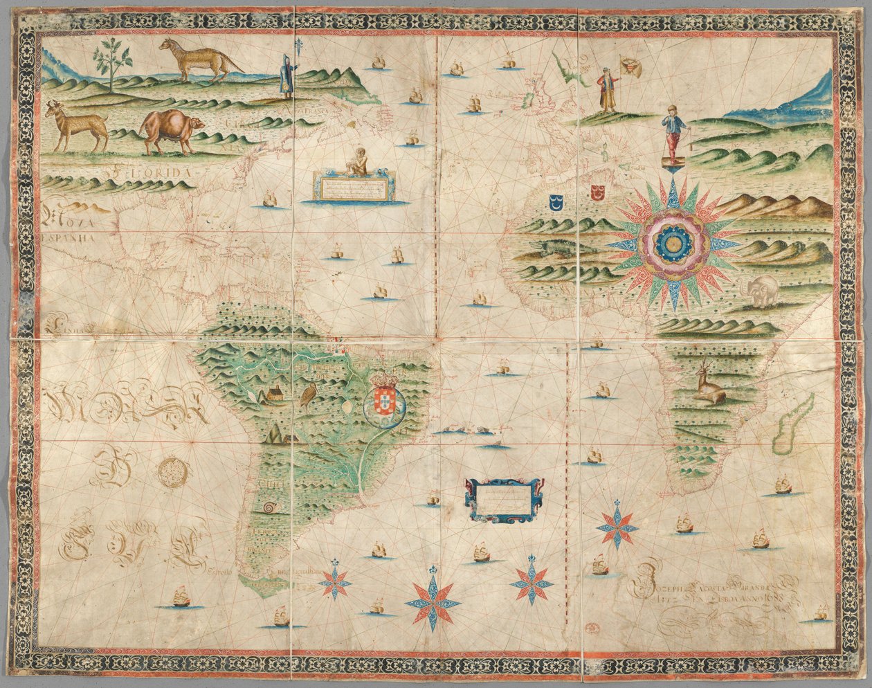 Batı Avrupa, Afrika ve Amerika haritası, dağlar, hayvanlar vb. çizimlerle. Joseph da Costa e Miranda by Portuguese School