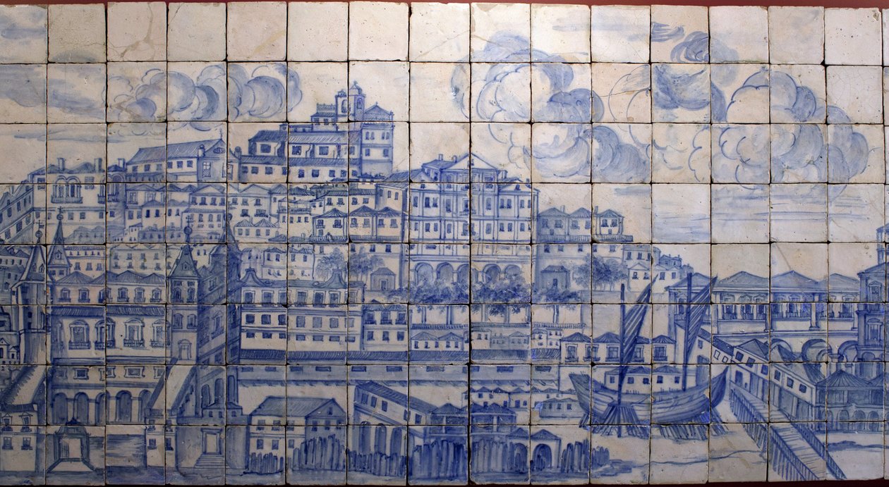 Panoramik Lizbon manzarası, 1755 depreminden önce - 18. yüzyılın başında Azulejos, Tentugal Kontlarının eski sarayının panel uyarısı, Lizbon (1755 depreminden önce Büyük Lizbon panoraması, 18. yüzyılın başlarında fayans, antik saray by Portuguese School