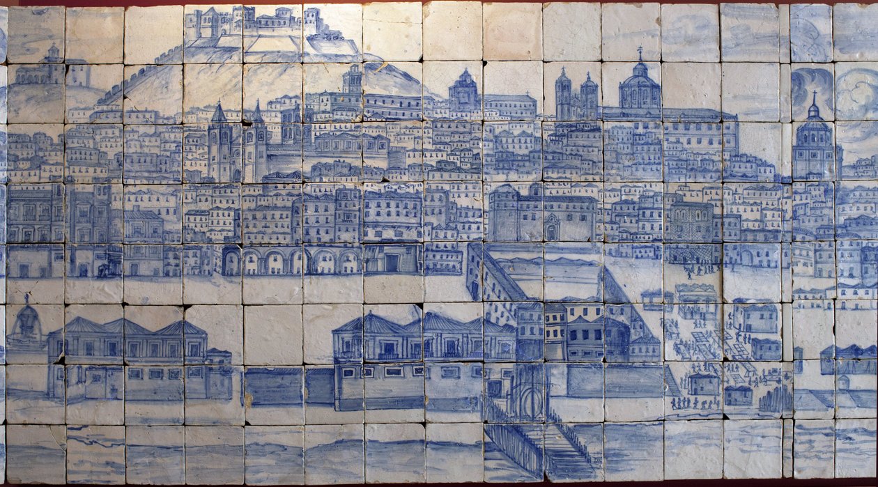 Panoramik Lizbon manzarası, 1755 depreminden önce - 18. yüzyılın başında Azulejos, Tentugal Kontlarının eski sarayının panel uyarısı, Lizbon (1755 depreminden önce Büyük Lizbon panoraması, 18. yüzyılın başlarında fayans, antik saray by Portuguese School