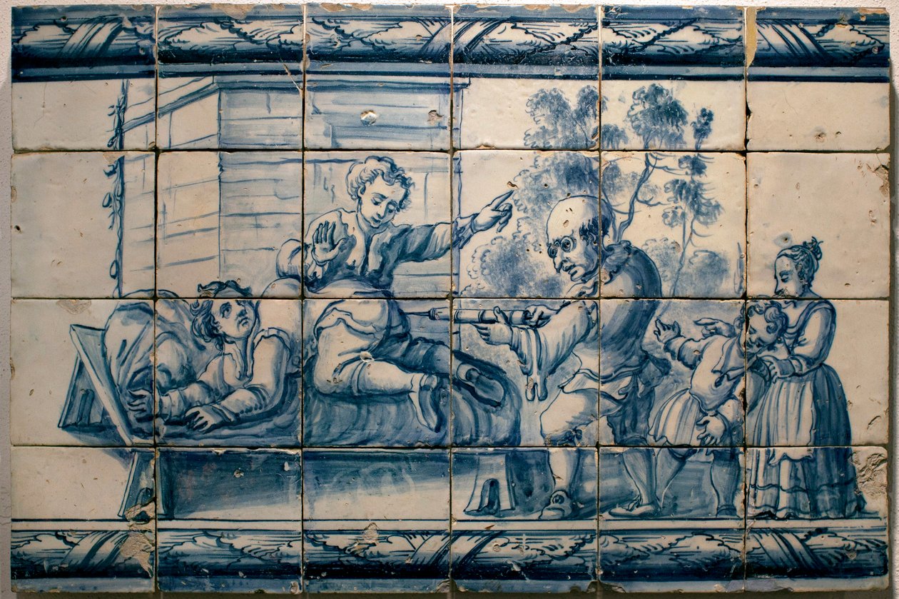 Bir hastaya lavman yapan doktor - Lizbon Hiciv paneli, 18. yüzyılın ilk yarısı (Hekim - Hiciv paneli, 18. yüzyılın ilk yarısı) - Musee national des azulejos, Lizbon (Portekiz) by Portuguese School