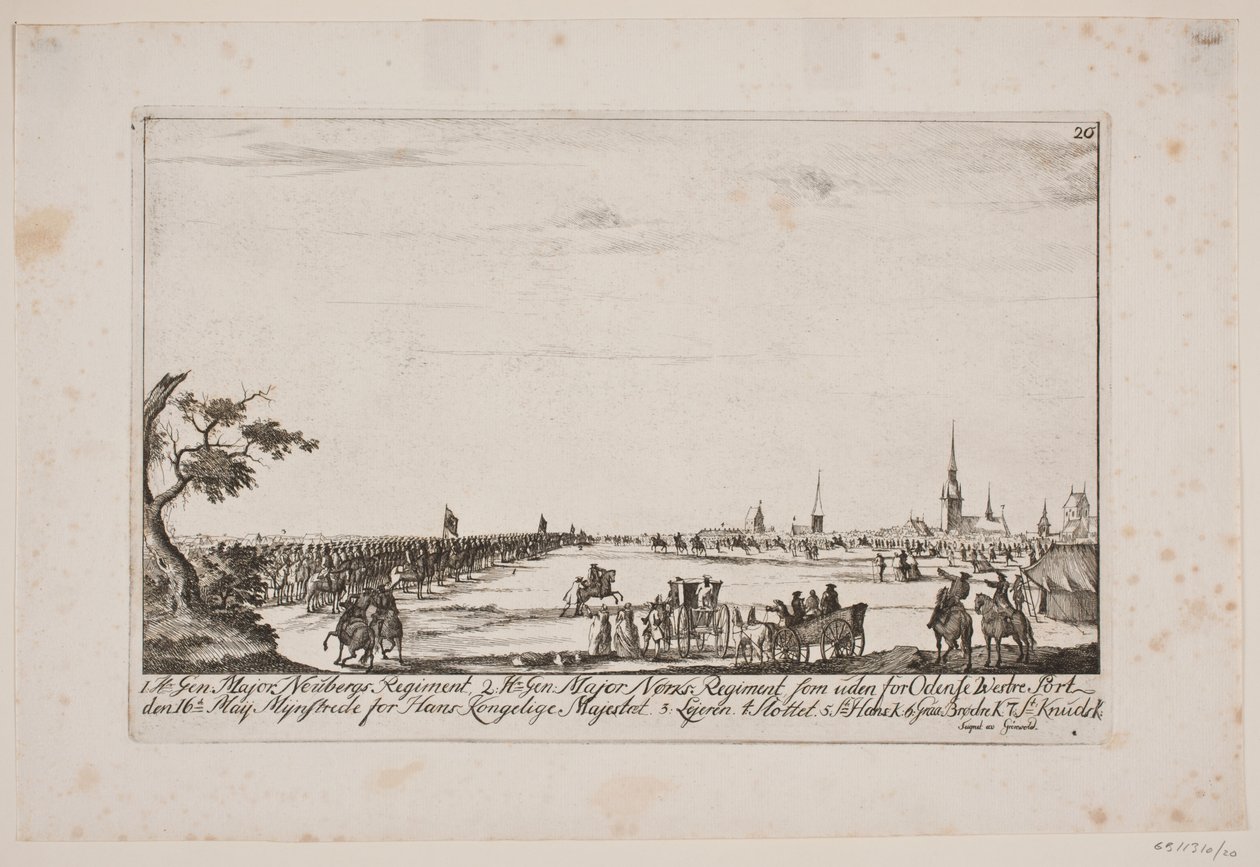 Frederik V inspicerer regimenterne uden for Vestre Port i Odense by Poul Isac Grønvold