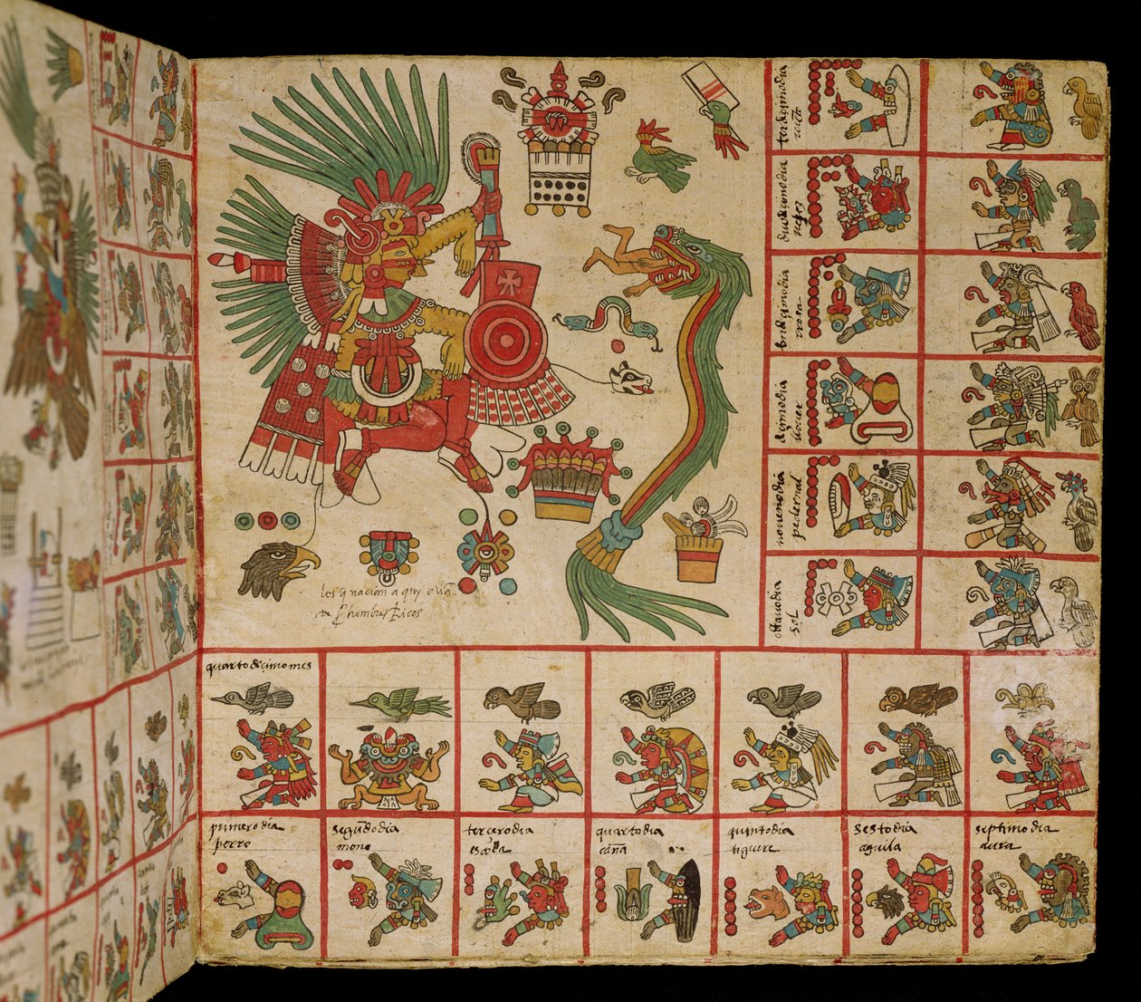 Aztek Codex Borbonicus, 'Tonalamatl', Quetzalcoatl ve Tezcatlipoca'yı tasvir eden detay by Pre Columbian