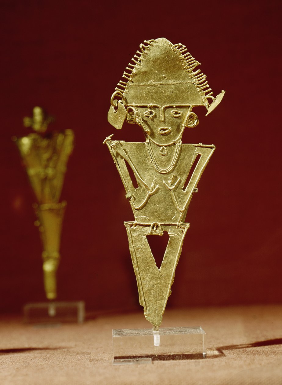 1100-1500 (ಚಿನ್ನ) ಟರ್ಕ್‌ನ ಟ್ಯಾಬಿಯೊ, ಕುಂಡಿನಾಮಾರ್ಕಾ, ಮುಯಿಸ್ಕಾ ಸಂಸ್ಕೃತಿಯಿಂದ ಯೋಧನ ಮಾನವರೂಪಿ ವ್ಯಕ್ತಿ by Pre Columbian