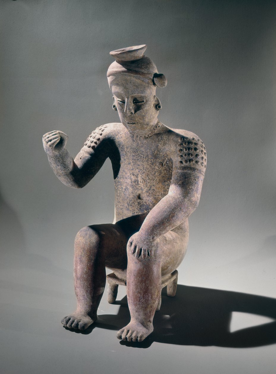 Küçük bir taburede oturan bir adamı gösteren heykel kavanozu, Colima tarzı (çömlek) by Pre Columbian Pre Columbian