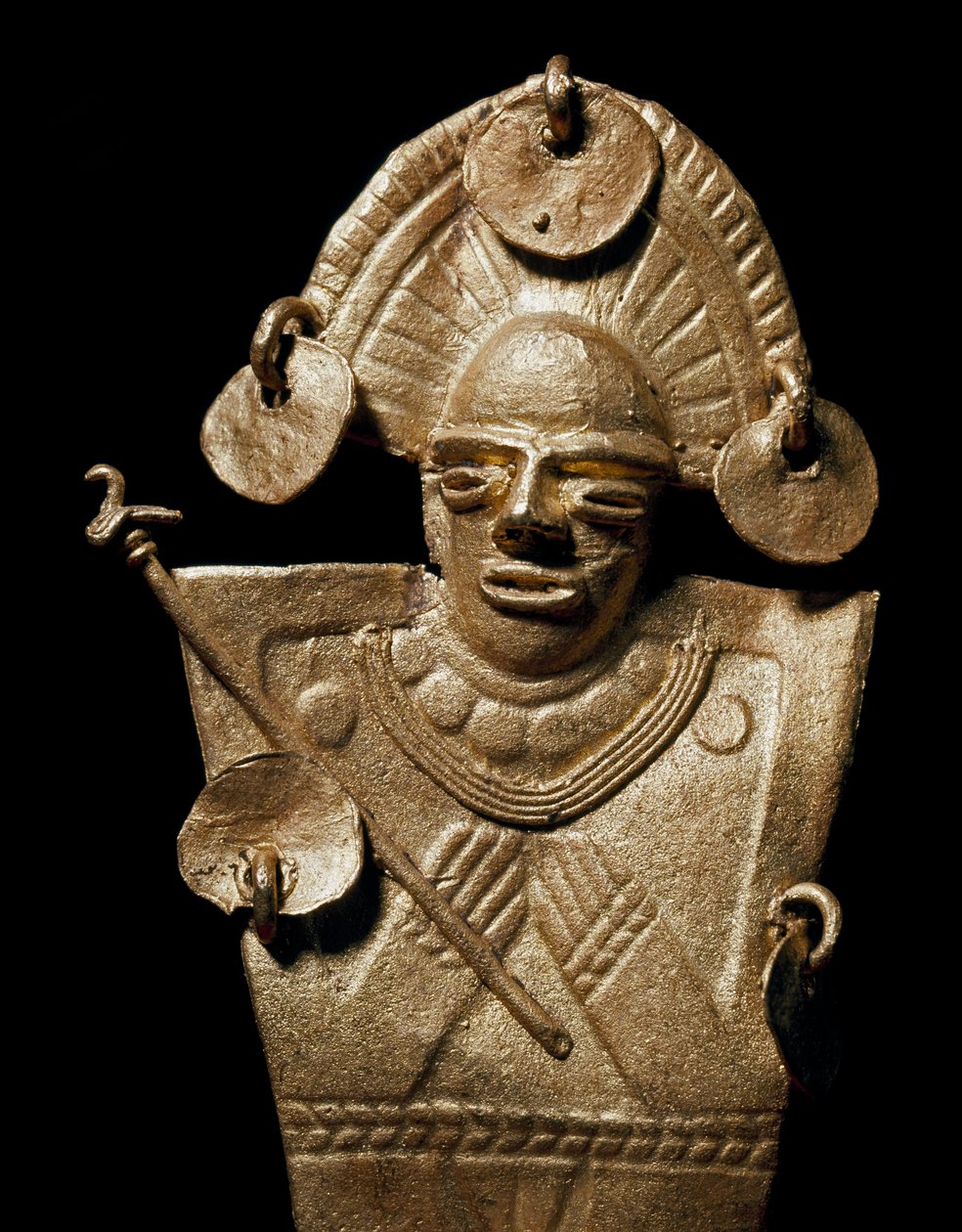 Kolomb öncesi sanat, Muisca uygarlığı: altın tören kostümü içinde kadın heykelciği (Tunjo). 15-17. yüzyıl. Bogota, Museo de Oro, Kolombiya - Kolomb öncesi sanat, Muisca kültürü (MS 15-17): tören kostümü giyen bir kadın, bir tunjonun altın heykeli by Pre Columbian