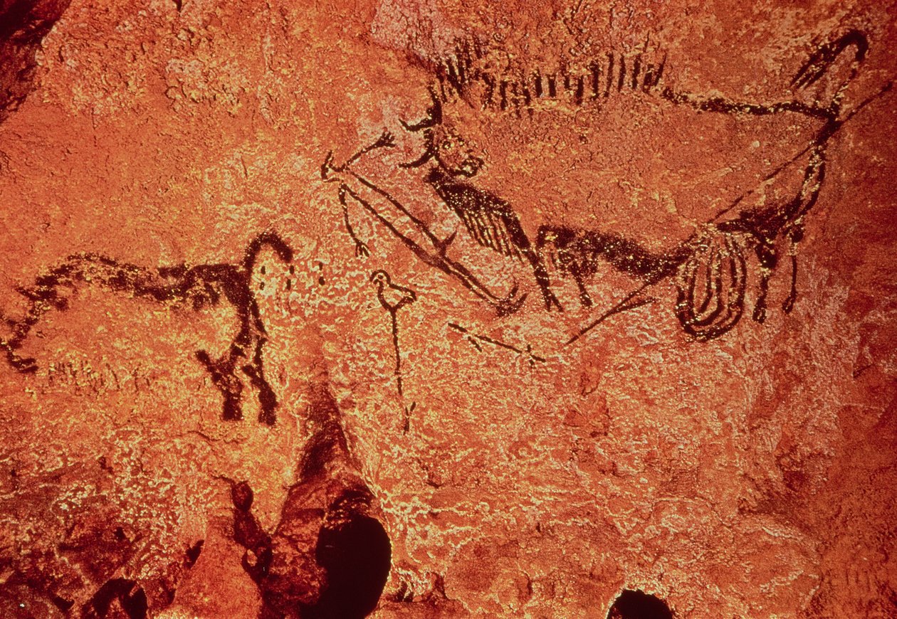 Bir av sahnesinin kaya resmi, MÖ 17000 dolayları (mağara resmi) by Prehistoric