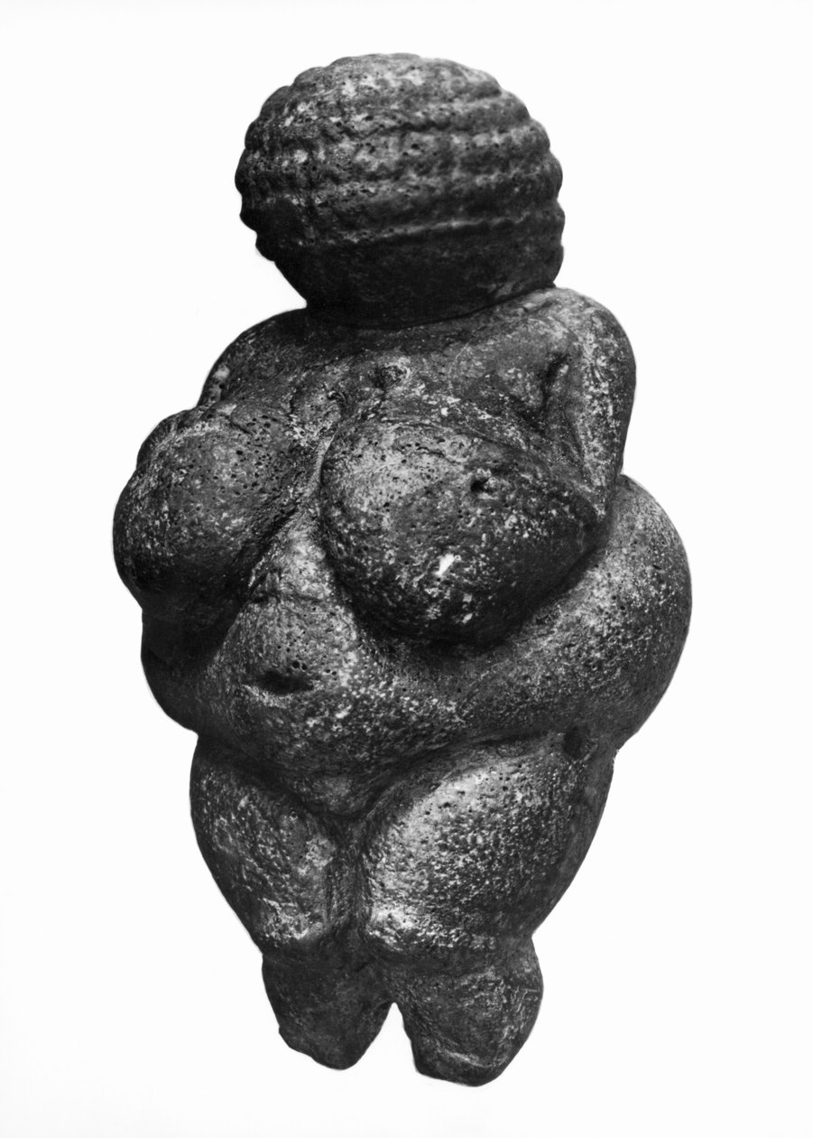 Willendorf Venüsü, kadın heykelciğinin yandan görünümü, Gravettian kültürü, Üst Paleolitik Dönem, MÖ 30000-18000 (kırmızı hardalla renkli oolitik kireçtaşı) by Prehistoric