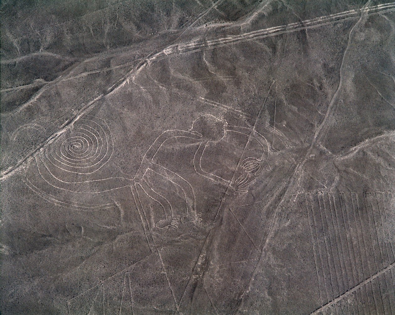 Bir maymun figürünün havadan görünüşü, Nazca Çizgileri (fotoğraf by Prehistoric Prehistoric