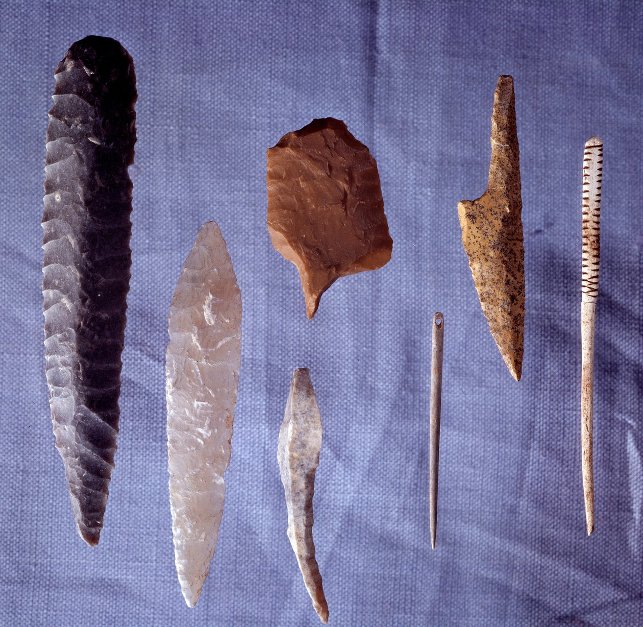 Tarih öncesi aletler: çakmaktaşı, bıçak, ok ucu ve iğne. Saint Germain En Laye. Eski Eserler Müzesi by Prehistoric Prehistoric