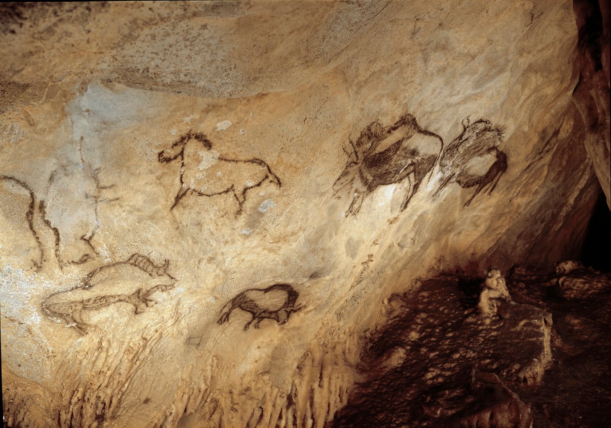 Tarih Öncesi: “” Bizon ve Atlar”” Üst Paleolitik (Magdalen) kaya resmi (13000 yıl önce) Taş Devri Santimamine Mağarası, Guernica, İspanya - Tarih Öncesi: bizon ve atlar - mağara resmi, üst paleolitik (Magdalen) (13.000 yıl önce) ) Taş Ag by Prehistoric Prehistoric