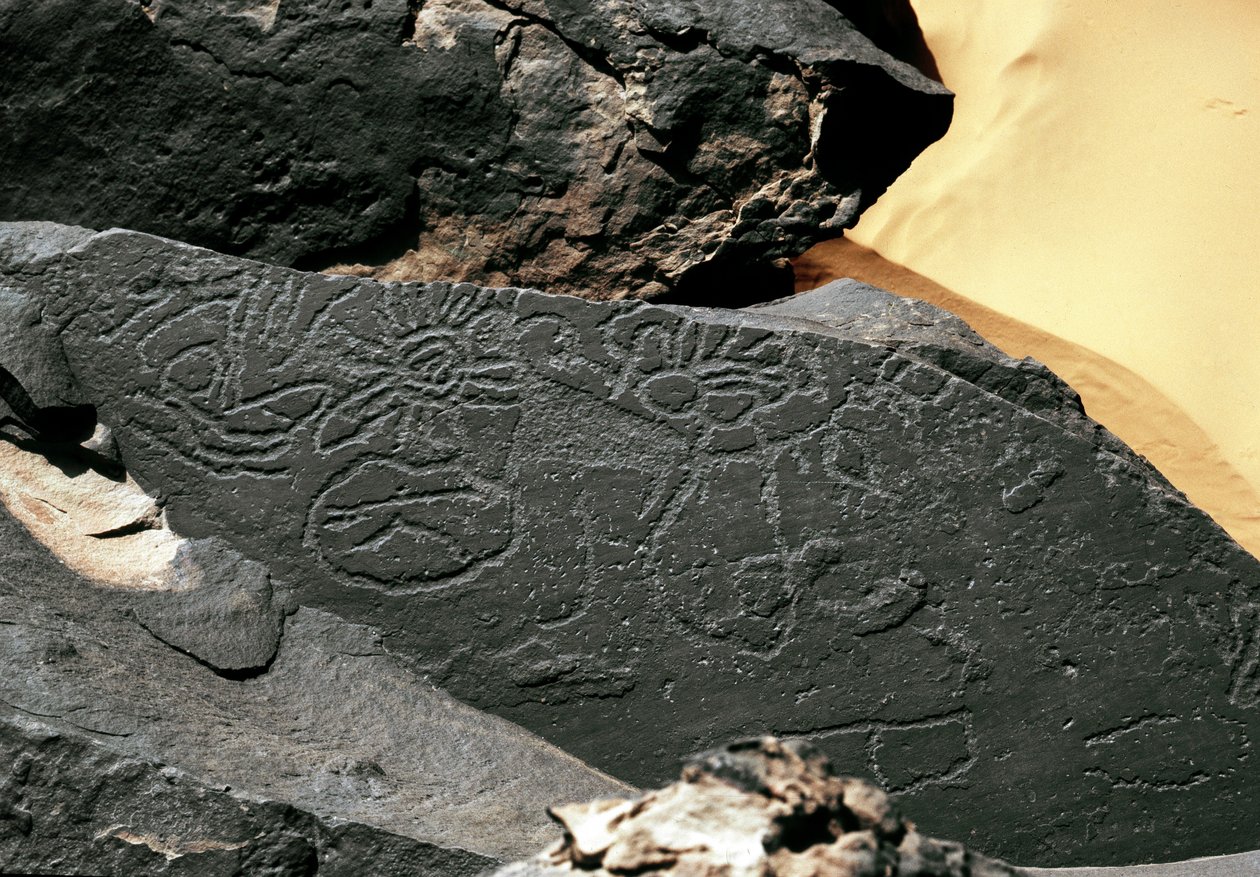 Tarihöncesi, kaya sanatı: Tazina tarzında mezar kaya formları. Taş Devri 5000-2000 M.Ö. Taghit, Haut plato du Hoggar (Ahaggar), Cezayir by Prehistoric Prehistoric