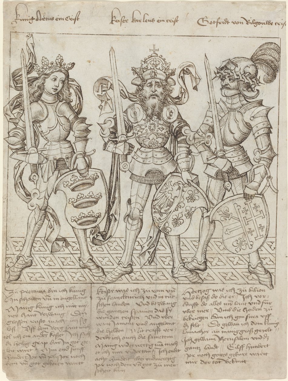 Kral Arthur, Charlemagne ve Boulogne Godfrey by Primary Master of the Strassburg Chronicle