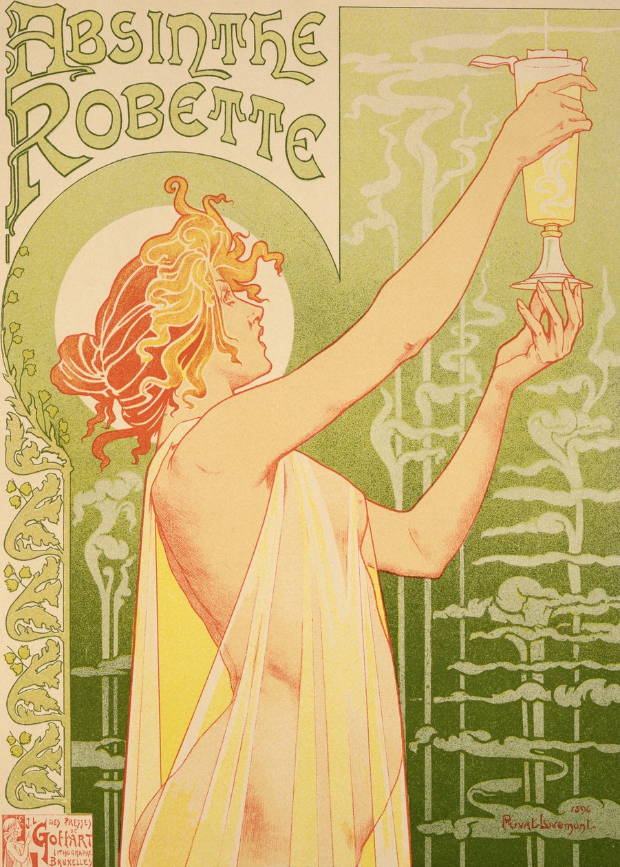 'Robette Absinthe' reklamını yapan bir afişin reprodüksiyonu, 1896 by Privat Livemont