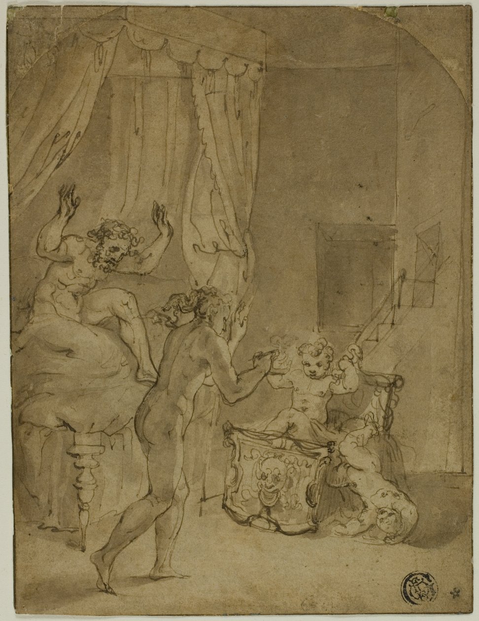 Beşiğinde Yılanları Boğan Bebek Herkül (rekto); Peyzajda Diz Çöken Taçlı Kadın ve Diğer Eskizler (verso) by Prospero Fontana