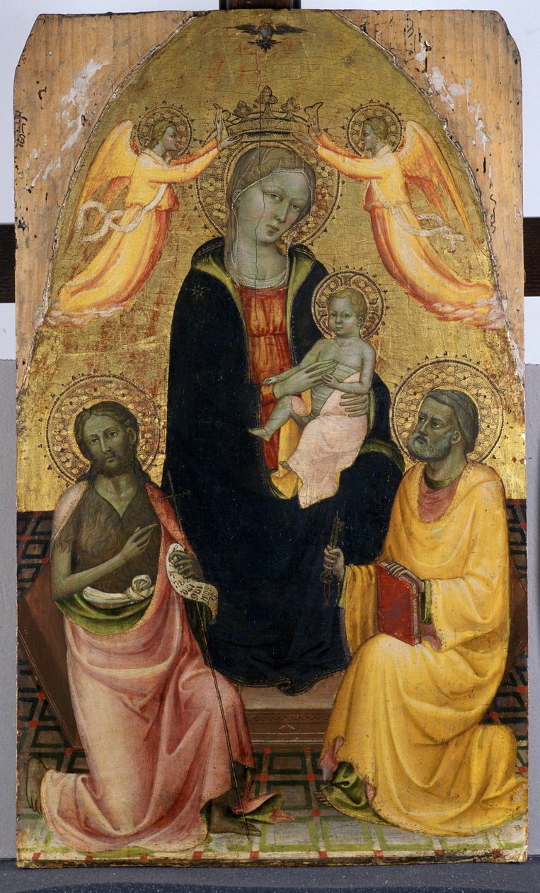 Enthroned Madonna ve Child, iki Melek tarafından taçlandırılıyor, Vaftizci Yahya ve Havari Petrus, c.1410-20 (kavak ağacı üzerinde tempera) by Pseudo Baldese Pseudo Baldese