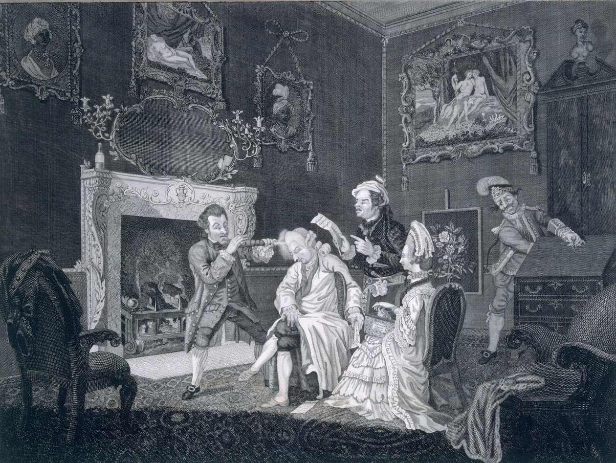 Hizmetçiler kibirli yaşlı bir adamın dikkatini dağıtırken, bir başkası bürodan çalıyor, Goldar tarafından oyulmuş, 1771 by Pugh