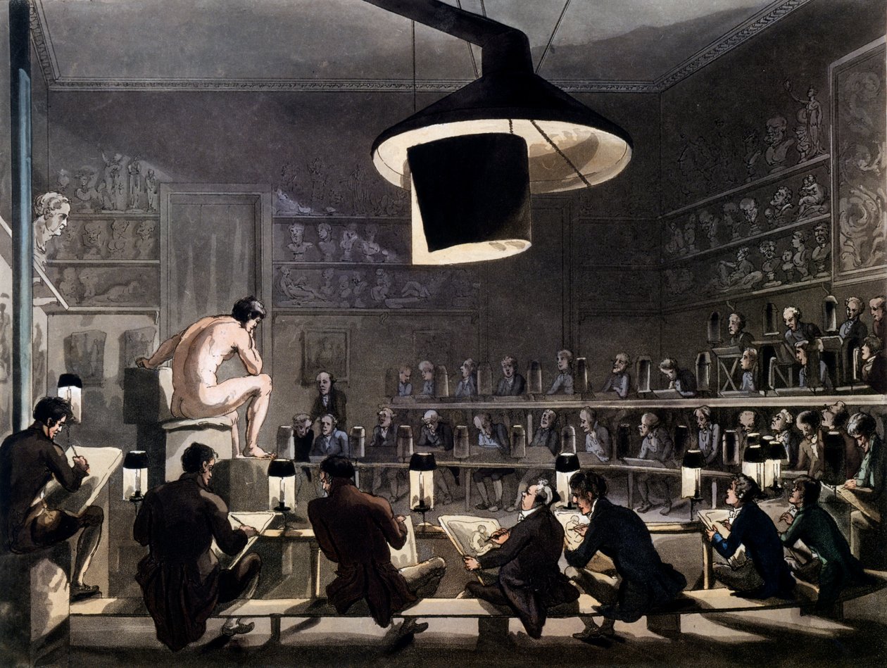 Life at the Royal Academy, Somerset House, Londra, Microcosm of London'dan R. Ackermann, 1810 (renkli aquatint) by Pugin and Rowlandson