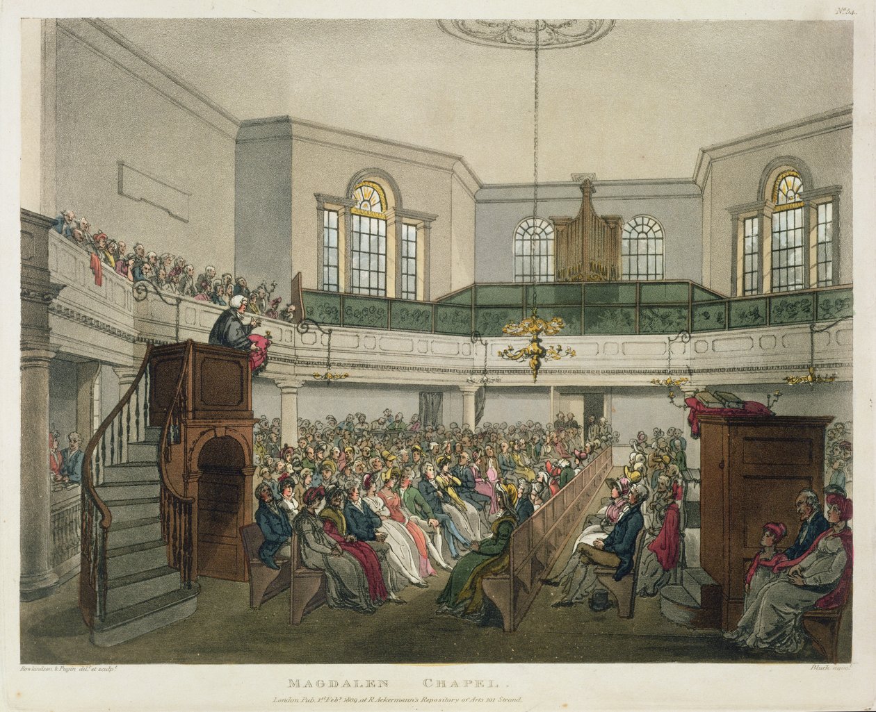 John Bluck (fl.1791-1831), 1809 (aquatint) tarafından oyulmuş 'Ackermann's Microcosm of London'dan Magdalen Şapeli by Pugin and Rowlandson
