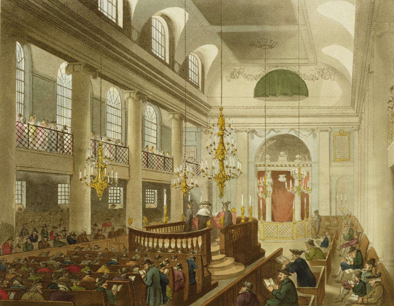 Sinagog, Dukes Place, Houndsditch, Ackermann'ın 'Microcosm of London'ından, Sunderland tarafından oyulmuş, 1809 (aquatint) by Pugin and Rowlandson